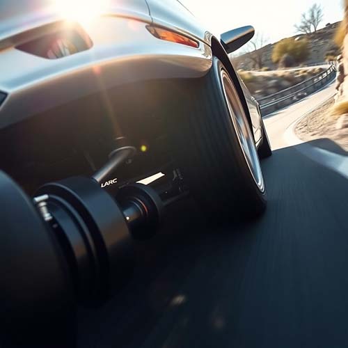 A car speeding along a winding road, with a focus on the suspension system. The rubber parts should be subtly visible, highlighting their role in providing a smooth and stable ride. The lighting should be dramatic, with the car bathed in sunlight as it navigates the road. The camera angle should be low and dynamic, capturing the speed and power of the car.