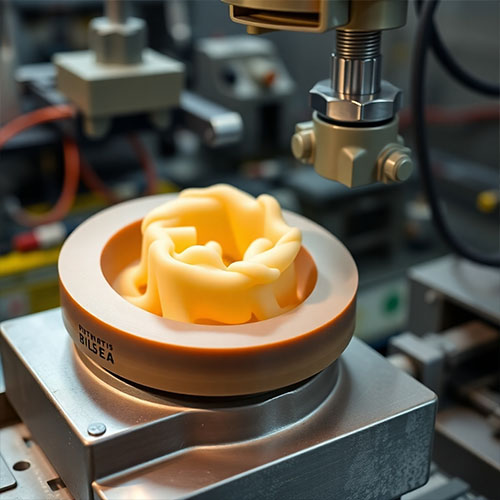 A photorealistic image showcasing a custom rubber part being molded in a factory setting. The part should be intricate and complex, highlighting the capabilities of our custom molding service. Lighting should be bright and even, emphasizing the details of the molding process.