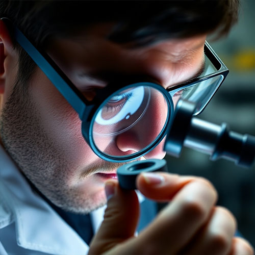 A close-up of a technician inspecting a rubber part under a magnifying glass. The technician should be meticulous and detail-oriented, ensuring that the part meets our stringent quality standards. Lighting should be bright and focused, highlighting the technician's attention to detail.