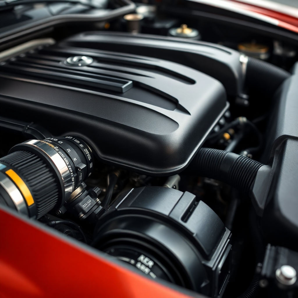 Close-up view of high-performance car engine with key rubber parts highlighted. The lighting and composition should convey a sense of speed and precision.