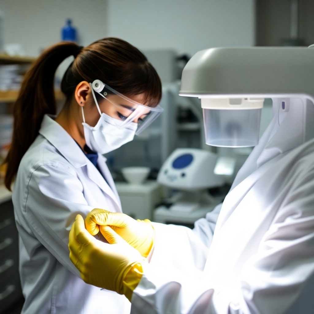 Image of a lab technician performing tests on a rubber sample, highlighting the quality control process.