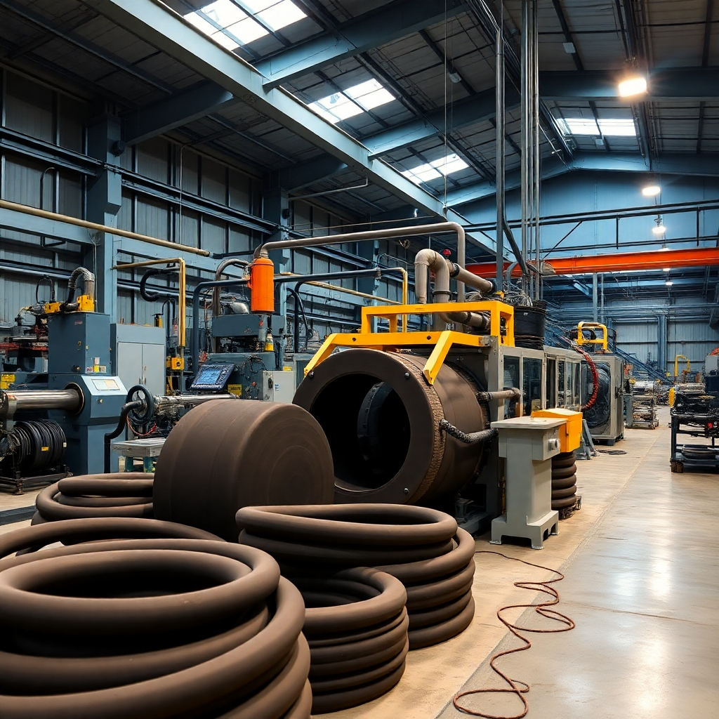 Image of a modern rubber manufacturing facility, showcasing the advanced machinery and technology used.