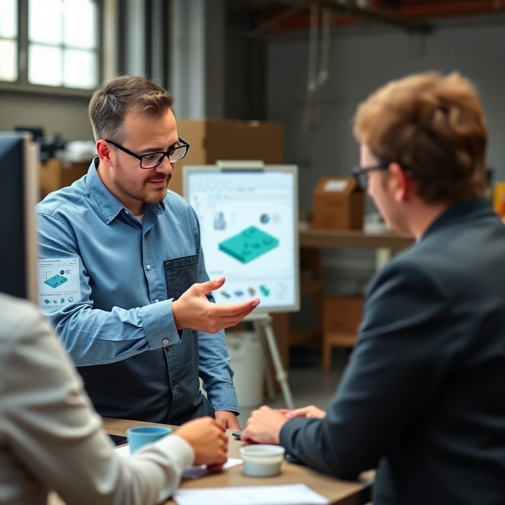 Image of an engineer collaborating with a client, using digital design tools, and showing 3D models of custom rubber parts. The image should capture the design and collaborative aspect.
