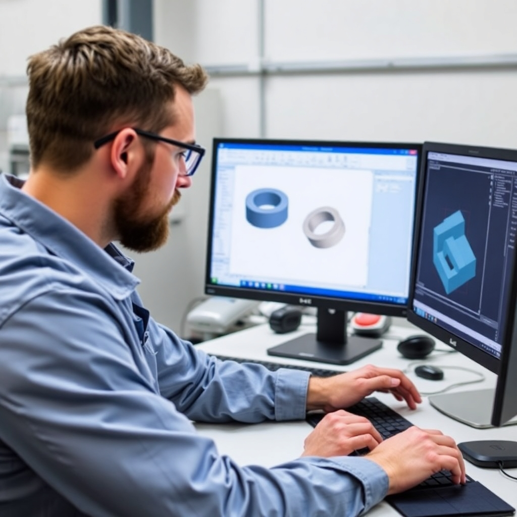 Image of an engineer using CAD software to design a custom rubber part, showcasing the design process.