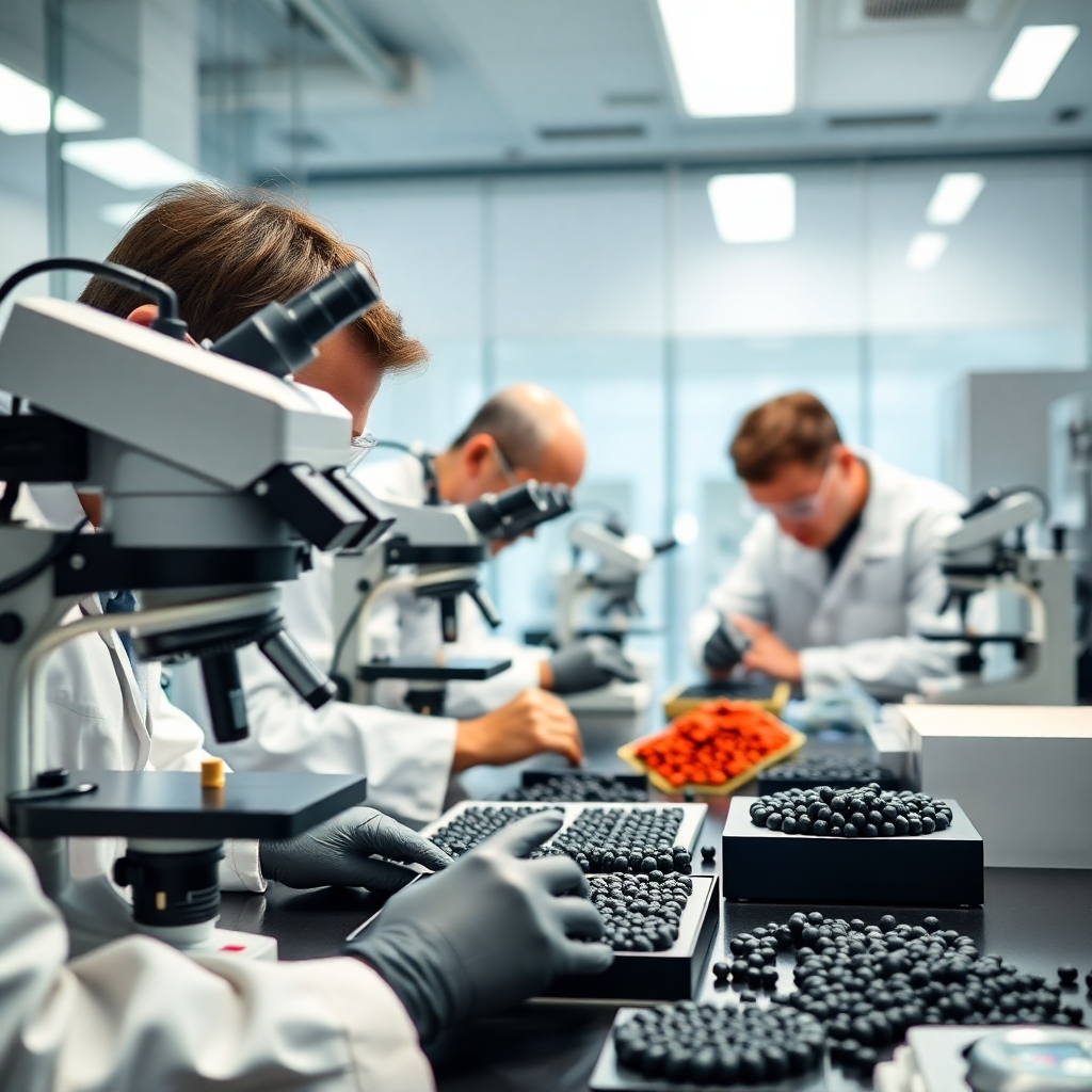 Image showcasing a lab environment with scientists using advanced equipment, possibly microscopes, to inspect rubber samples. The lighting should be bright, sterile, and highly detailed.