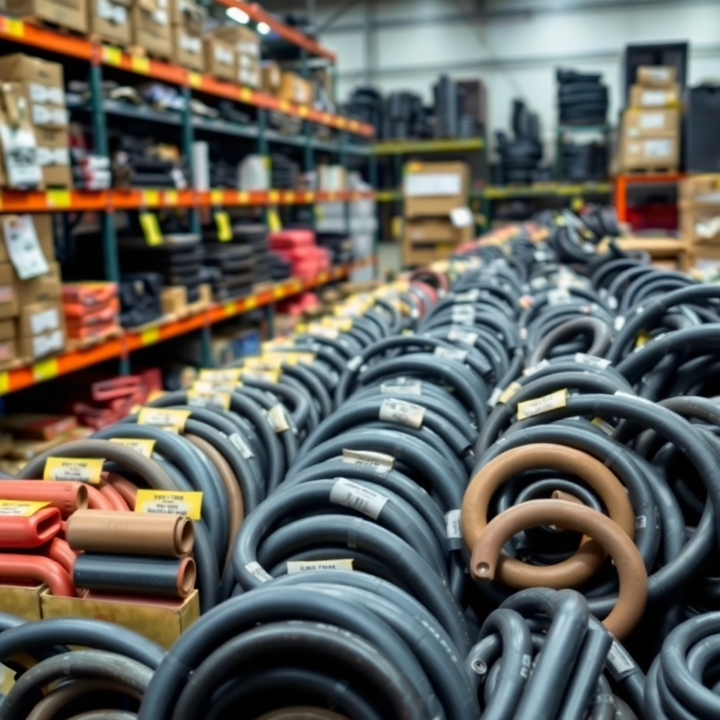 Image showcasing a variety of rubber parts neatly arranged and labeled in a warehouse or manufacturing facility. The image should focus on organization and variety.