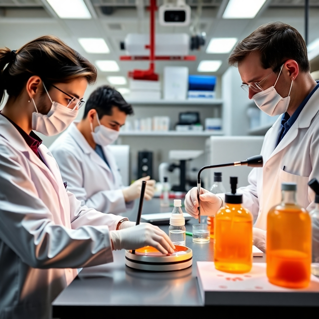 Images of researchers in lab coats experimenting with new rubber compounds. Clean, professional environment with advanced scientific tools.