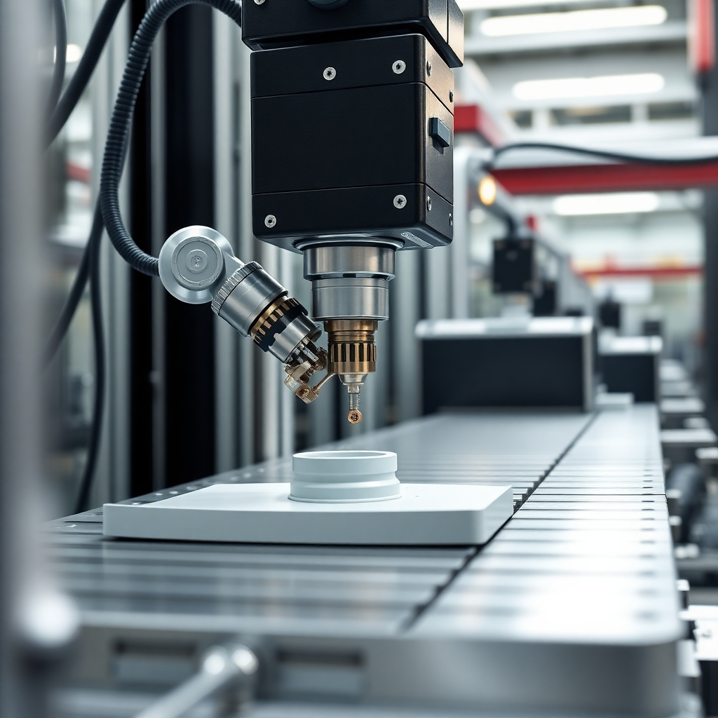Photorealistic image of a robotic arm precisely placing a rubber part into a high-precision assembly line, showcasing advanced manufacturing techniques. Emphasize clean lines, metallic accents, and a controlled, professional lighting scheme.