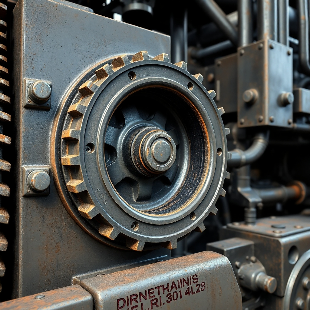 Photorealistic image of heavy industrial machinery with a rubber part in prominent view. The image should emphasize durability and functionality.