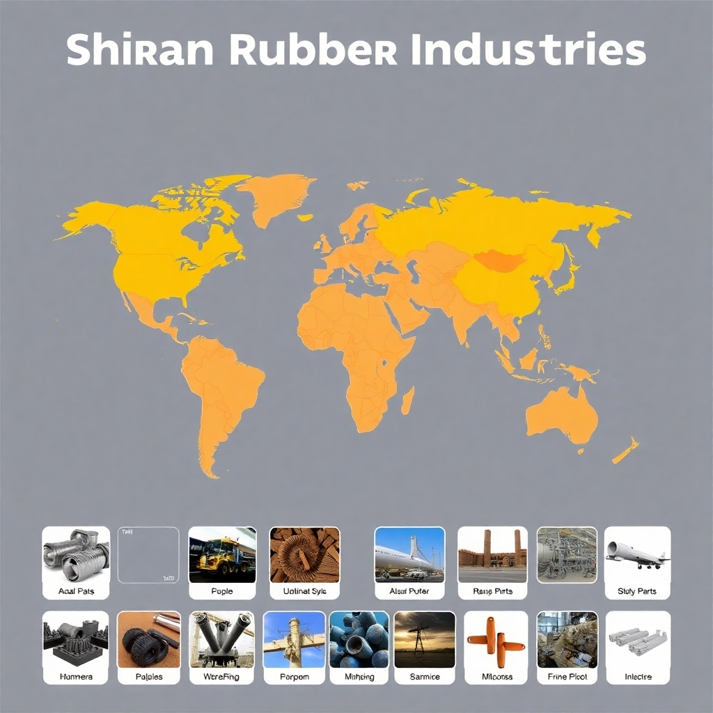 Stylized world map with highlighted regions indicating Shiran Rubber Industries' global presence, with smaller inset images representing diverse applications of rubber parts in different industries.